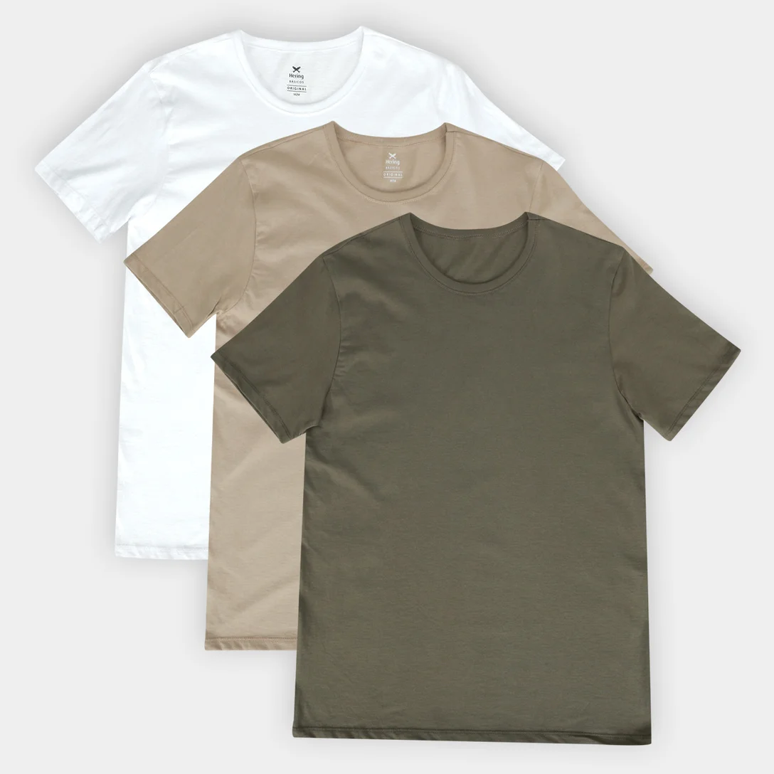Kit Camiseta Hering C/ 3 Peças Masculina - Verde+Bege